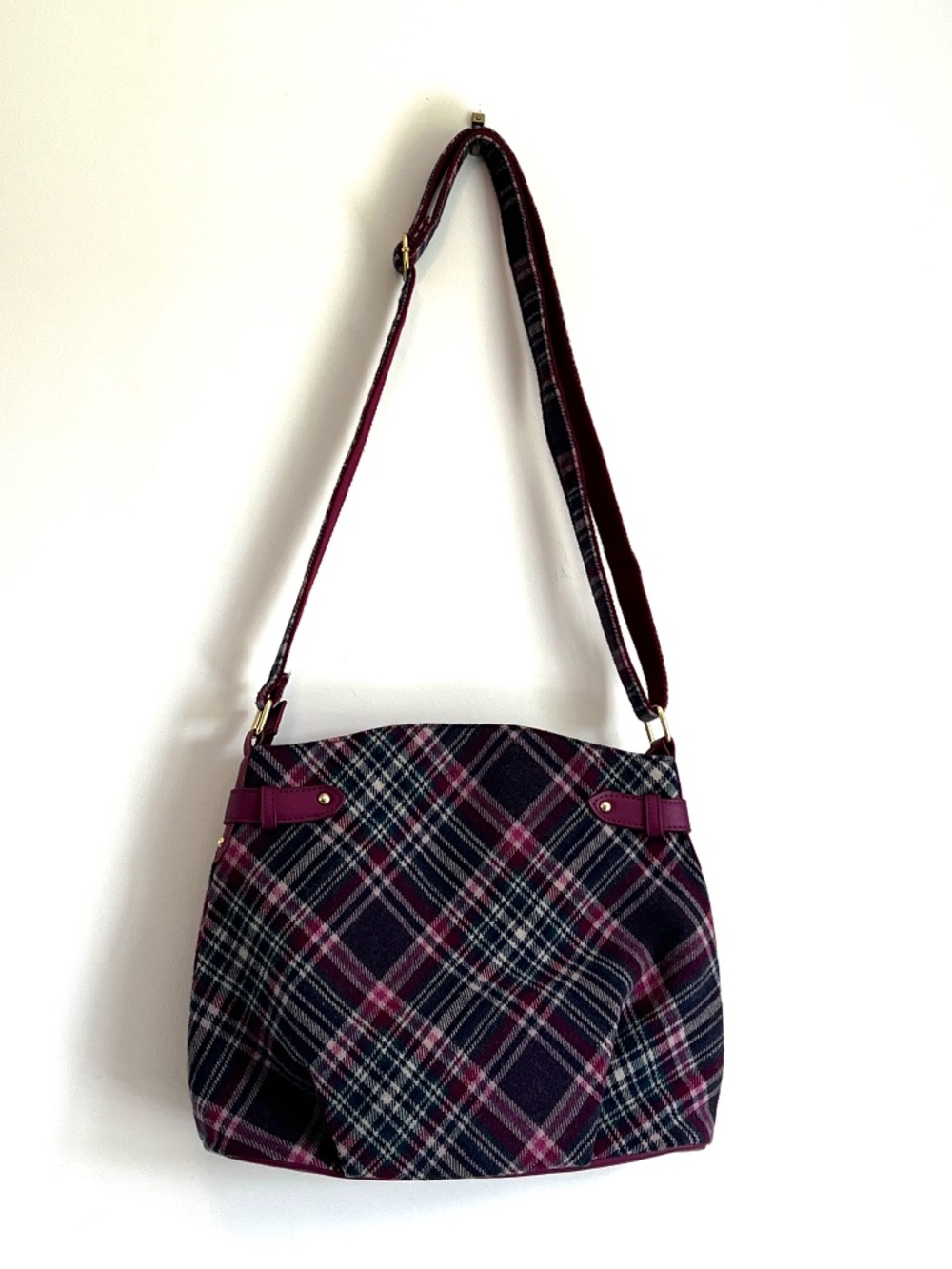 Ness Scotland Heritage Plaid Tweed Satchel Crossbody Bag - Purple/Burgundy - Picture 6 of 16